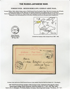 CHINA 1900-01 Boxer Rebellion, collection of 35 covers or cards, extensively written-up on 29 exhibit pages, with German Military and Naval mail from Pau-ting-fu, Tientsin, "SMS Geier", one...