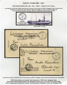 CHINA 1900-01 Boxer Rebellion, collection of 35 covers or cards, extensively written-up on 29 exhibit pages, with German Military and Naval mail from Pau-ting-fu, Tientsin, SMS Geier, one...