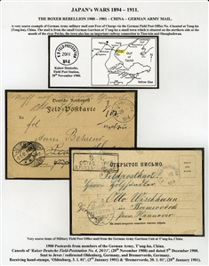 CHINA 1900-01 Boxer Rebellion, collection of 35 covers or cards, extensively written-up on 29 exhibit pages, with German Military and Naval mail from Pau-ting-fu, Tientsin, SMS Geier, one...