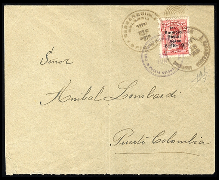 COLOMBIA Air Post (C1a) 1919 2c carmine rose, "1" with serifs variety (position 5), used on first flight cover from Barranquilla to Puerto Colombia, signed Herbert Bloch, cover creases away from...
