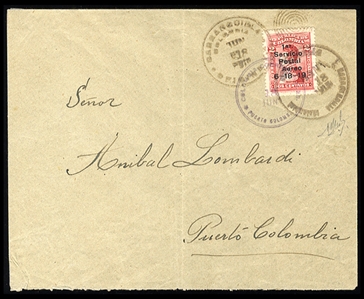 COLOMBIA Air Post (C1a) 1919 2c carmine rose, "1" with serifs variety (position 5), used on first flight cover from Barranquilla to Puerto Colombia, signed Herbert Bloch, cover creases away from...