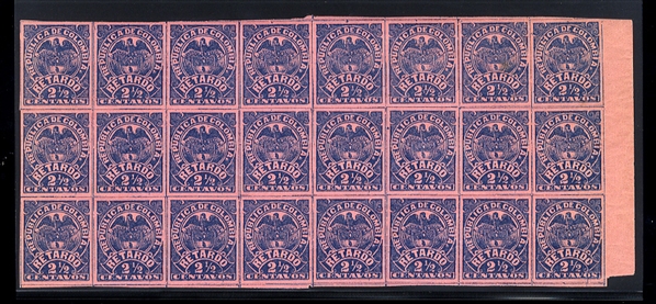 COLOMBIA Late Fee Stamps (I2a) 1892 2 1/2c dark blue on rose, imperf. pane of 24, n.h., natural gum soak affecting one stamp, v.f.