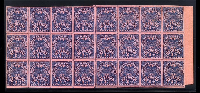COLOMBIA Late Fee Stamps (I2a) 1892 2 1/2c dark blue on rose, imperf. pane of 24, n.h., natural gum soak affecting one stamp, v.f.