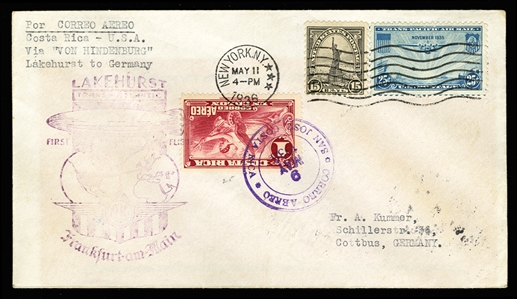 COSTA RICA  Zeppelin Flight 1936 First North America Hindenburg Flight, cover sent from San Jose to Germany, flown via New York where U.S. 15c and 25c were added, New York cds, with Hindenburg...