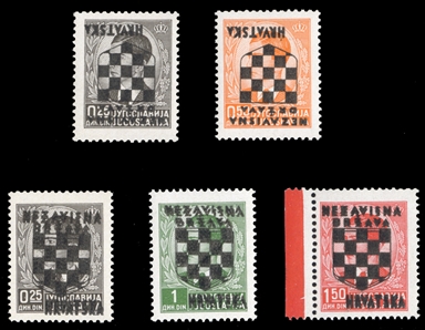 CROATIA (Mi.9-12var) 1941 Second Provisional Issue, selection of five overprints, with two inverted (0.25d,0.50d) and three double (0.25d,1d,1.50d), n.h., two signed Zrinjscak, Ercegovic, one...