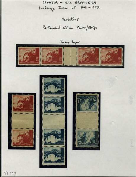 CROATIA  (30,31,33) 1941-43 Landscapes, 25b henna, vertical and horizontal gutter pair and strip of four, 50b slate blue vertical gutter strip of four, 1k prussian blue, vertical gutter pair,...