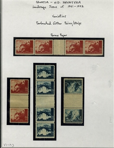 CROATIA  (30,31,33) 1941-43 Landscapes, 25b henna, vertical and horizontal gutter pair and strip of four, 50b slate blue vertical gutter strip of four, 1k prussian blue, vertical gutter pair,...