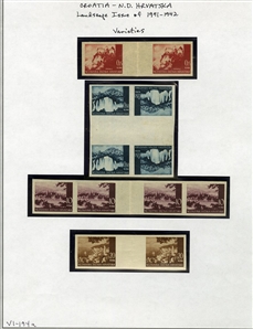 CROATIA (30,31,43,45var) 1941-43 Landscapes, 25b henna, 10k dark plum, 20k golden brown, imperforate gutter pairs (10b strip of four), also 50b slate blue, vertical gutter tete-beche block of...