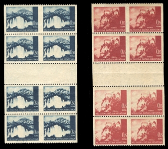 CROATIA (30,31var) 1941-43 Landscapes, 25b henna, 50b slate blue, stamps imperforate vertically, gutter blocks of eight, n.h., the former folded between stamps, minor gum offsets, v.f., rare...
