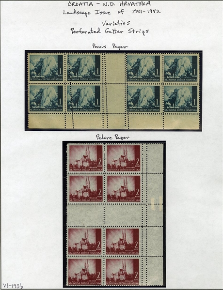 CROATIA (33,35) 1941-43 Landscapes, 1k prussian blue, 2k carmine lake, horizontal and vertical gutter blocks of eight, each showing double perforations through the stamps or in sheet margin,...