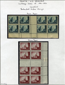 CROATIA (33,35) 1941-43 Landscapes, 1k prussian blue, 2k carmine lake, horizontal and vertical gutter blocks of eight, each showing double perforations through the stamps or in sheet margin,...