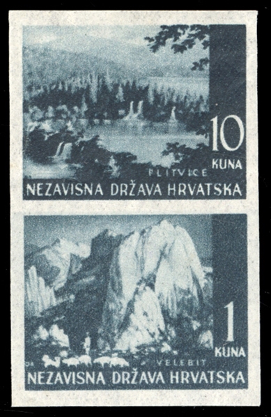CROATIA (33,43P) 1941-43 Landscapes, 1k+10k blue green, se-tenant, imperforate vertical pair, printed on thin, gummed paper (distinct from paper used for issued stamps), n.h., v.f., signed...