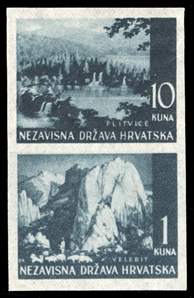 CROATIA (33,43P) 1941-43 Landscapes, 1k+10k blue green, se-tenant, imperforate vertical pair, printed on thin, gummed paper (distinct from paper used for issued stamps), n.h., v.f., signed...