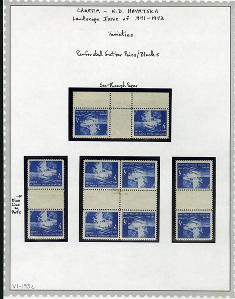 CROATIA (37) 1941-43 Landscapes, 4k ultramarine, two vertical gutter pairs, horizontal gutter tete-beche pair, plus vertical gutter tete-beche block of four, last one with slight hinge stain,...