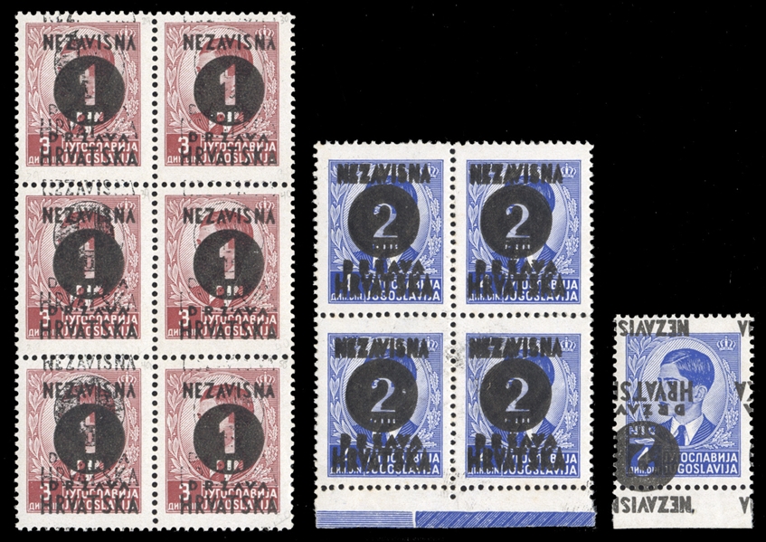 CROATIA (Mi.41var,42DD) 1941 Third  Provisional Issue, 1d on 3d vertical block of six (2x3), overprint shifted, slightly doubled, also 2d on 4d block of four, double overprint, n.h., the latter...