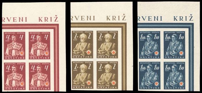 CROATIA  Semi-Postals (B3-5var) 1941 Red Cross, upper right sheet corner margin inscription blocks of four from the Minister Album, unused without gum as issued, v.f. (Mi.66-68) (Strpic €840)