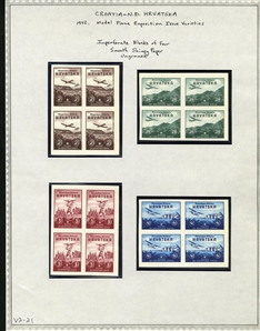 CROATIA Semi-Postals (B7-10-var) 1942 Model Planes, selection, with imperforate horizontal pairs, regular gum, n.h., imperforate blocks of four, shiny ungummed paper, two sets of imperforate...