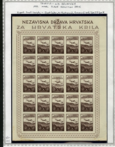 CROATIA  Semi-Postals (B7var) 1942 Model Planes, 2k+2k sepia, imperforate pane of 25 from the Minister album, center stamp with label overprint, unused without gum as issued, little toning at...