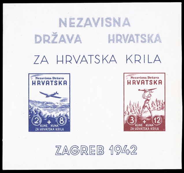 CROATIA  Semi-Postals ( B12P) 1942 Model Planes, imperforate souvenir sheet of two, foreground printing only, on smooth shiny paper, printers "v" and "blob on wing" of the 3+12kn stamp, etc.,...