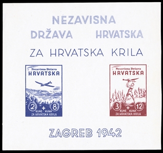 CROATIA  Semi-Postals ( B12P) 1942 Model Planes, imperforate souvenir sheet of two, foreground printing only, on smooth shiny paper, printers "v" and "blob on wing" of the 3+12kn stamp, etc.,...