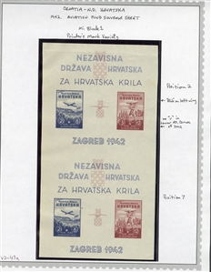CROATIA Semi-Postals (B12var) 1942 Model Planes, uncut imperforate souvenir sheets, three vertical pairs, different positions, showing varieties (v missing, blob on wing), also printer''s...