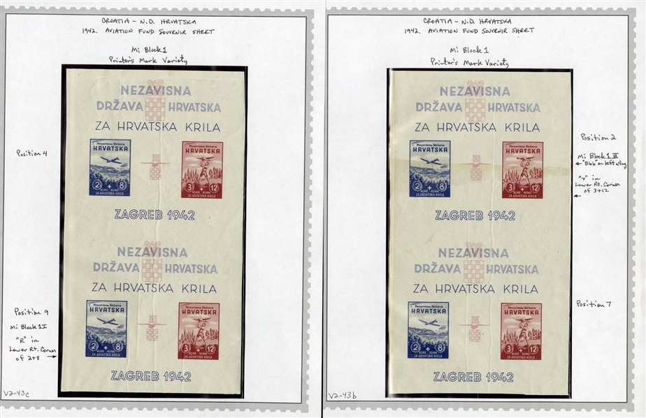 CROATIA Semi-Postals (B12var) 1942 Model Planes, uncut imperforate souvenir sheets, three vertical pairs, different positions, showing varieties ("v" missing, "blob on wing"), also printers...