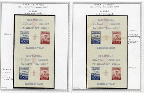 CROATIA Semi-Postals (B12var) 1942 Model Planes, uncut imperforate souvenir sheets, three vertical pairs, different positions, showing varieties ("v" missing, "blob on wing"), also printers...