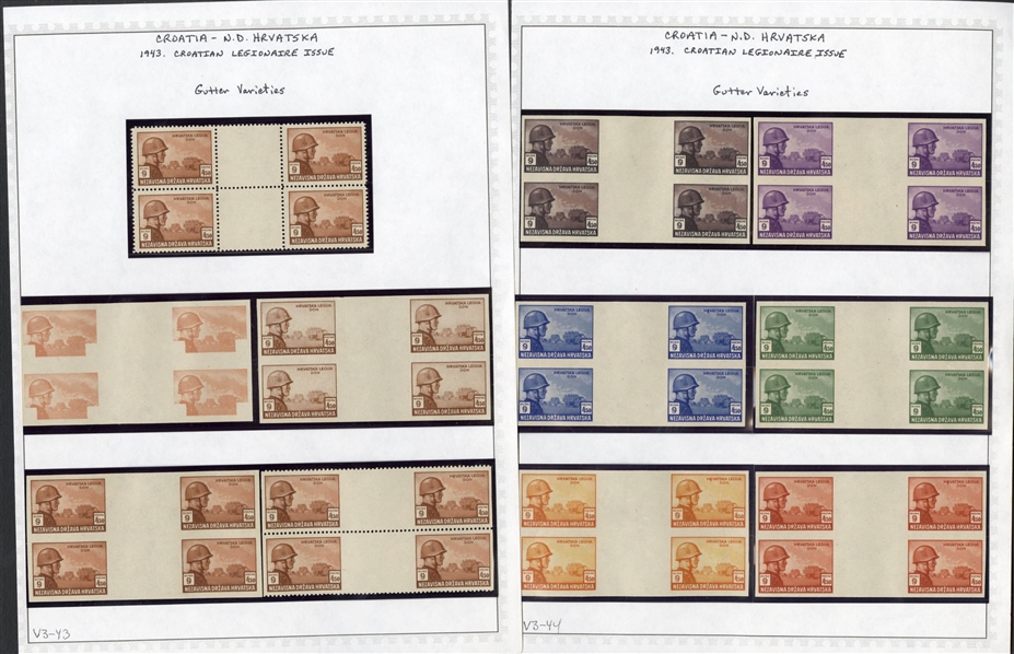 CROATIA Semi-Postals (B33-36var) 1943 Croatian Legion, specialized group of 44 gutter blocks of four, foreground, background printing varieties, others imperforate vertically, six color proofs...