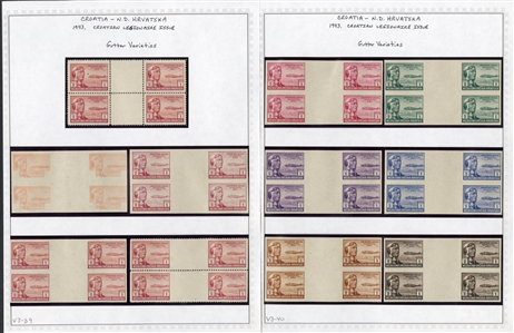 CROATIA Semi-Postals (B33-36var) 1943 Croatian Legion, specialized group of 44 gutter blocks of four, foreground, background printing varieties, others imperforate vertically, six color proofs...