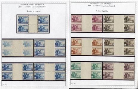 CROATIA Semi-Postals (B33-36var) 1943 Croatian Legion, specialized group of 44 gutter blocks of four, foreground, background printing varieties, others imperforate vertically, six color proofs...