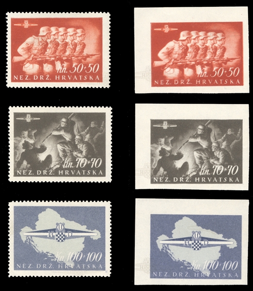 CROATIA Semi-Postals (B73-75,73-75var) 1945 Storm Division, set of three, l.h., also imperforate sheet corner margin singles, n.h., v.f., all signed Rommerskirchen (Mi.170-172)