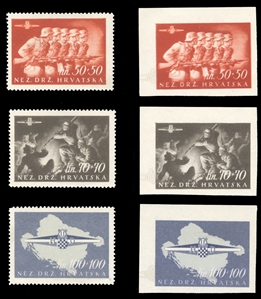 CROATIA Semi-Postals (B73-75,73-75var) 1945 Storm Division, set of three, l.h., also imperforate sheet corner margin singles, n.h., v.f., all signed Rommerskirchen (Mi.170-172)