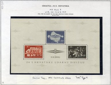 CROATIA Semi-Postals (B76) 1945 Croatian Storm Division, souvenir sheet of three, n.h., post office fresh, v.f., with 1988 APS certificate (Mi.Block 8, type 4)