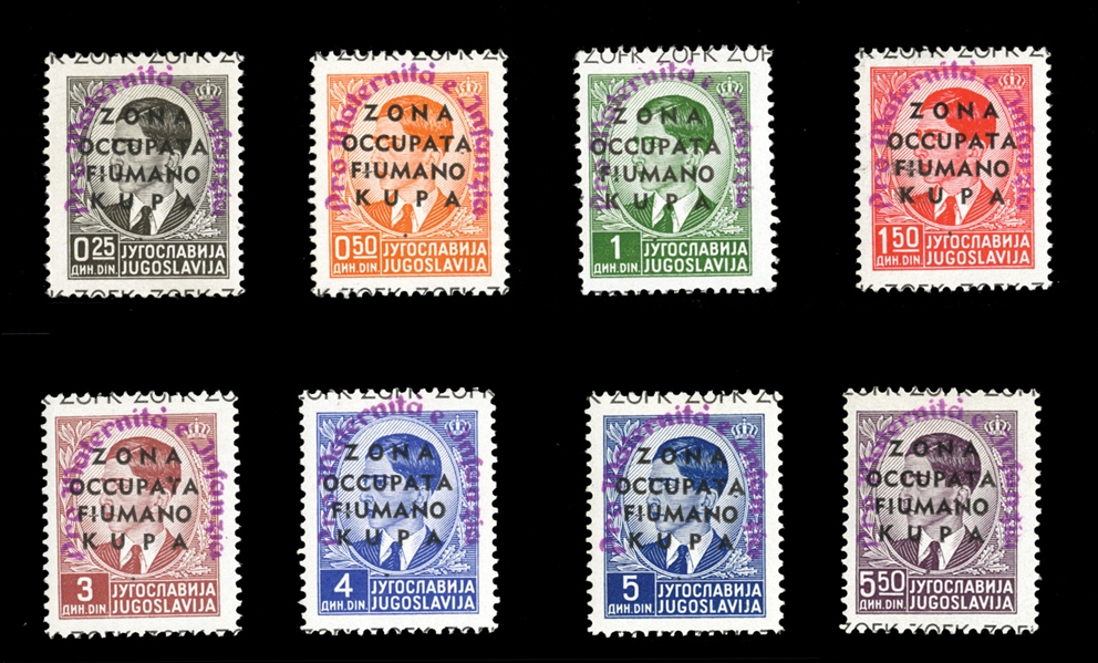 CROATIA Issued under Italian Occupation (Sass.42-49) 1941 "Zona Occupata Fiumano Kupa" 25p-5.50d, with additional violet surcharge, set of eight, l.h., fine-v.f., only 100 sets issued, with 1997...