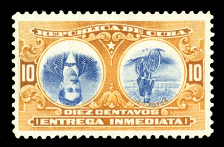 CUBA Special Delivery (E4a) 1910 10c orange & blue, center inverted, exceptionally well centered, h.r., fresh, v.f., cat. $1,250
