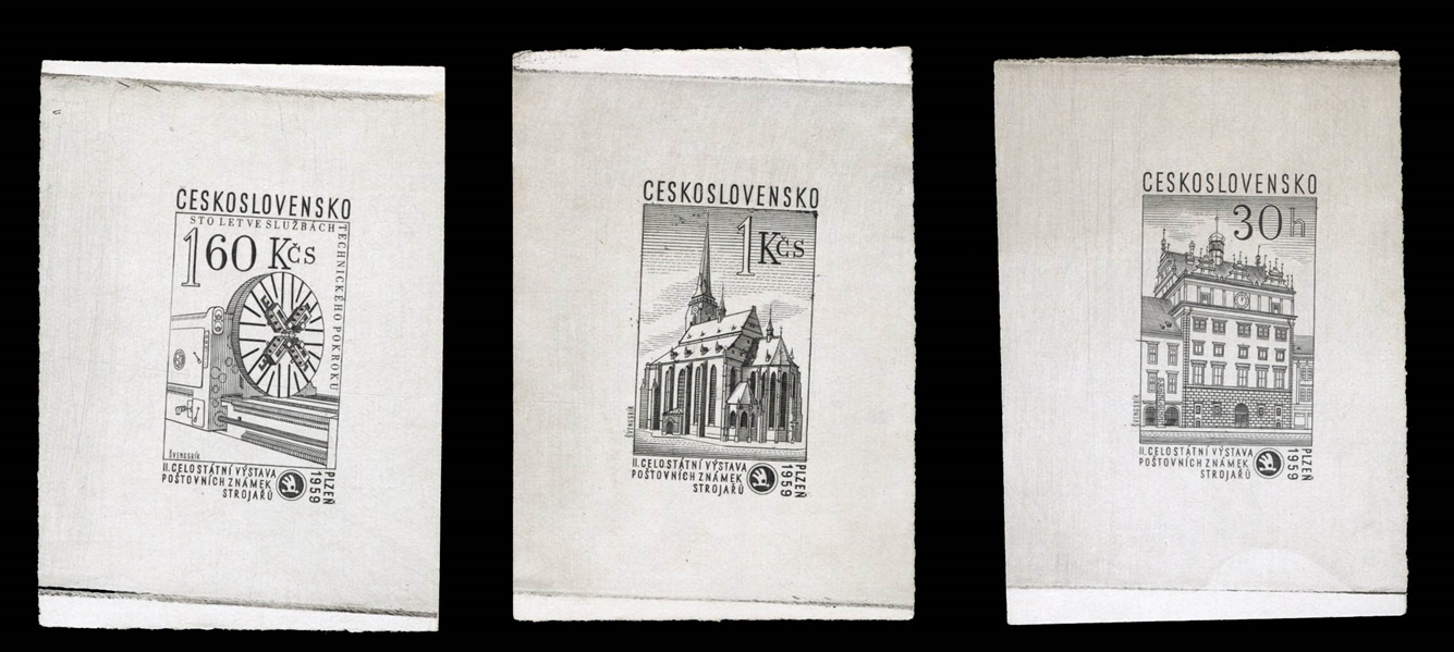 CZECHOSLOVAKIA ( 914P,916P,917P) 1959 Plzen Exhibition, 30h, 1k and 1.60k, three different die proofs in black, v.f., signed Karasek