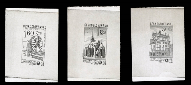 CZECHOSLOVAKIA ( 914P,916P,917P) 1959 Plzen Exhibition, 30h, 1k and 1.60k, three different die proofs in black, v.f., signed Karasek