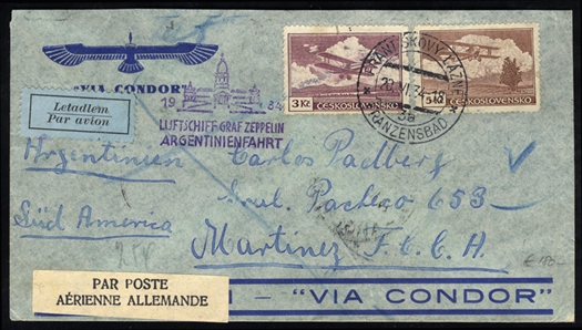 CZECHOSLOVAKIA  Zeppelin Flights 1934 3rd SAF to Argentina, franked on both sides, v.f.