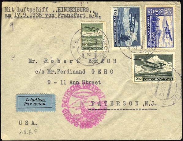 CZECHOSLOVAKIA  Zeppelin Flights 1936 Hindenburg Flight, single correspondence of seven, mostly different covers addressed to Paterson, N.J., various frankings, also 1933 flown cover from...
