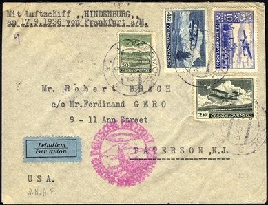 CZECHOSLOVAKIA  Zeppelin Flights 1936 Hindenburg Flight, single correspondence of seven, mostly different covers addressed to Paterson, N.J., various frankings, also 1933 flown cover from...