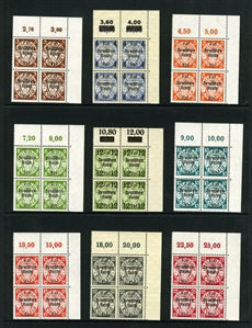 DANZIG (241-54) 1939 Deutsches Reich surcharges, sheet corner margin blocks of four, n.h., fine-v.f., cat. value. $760