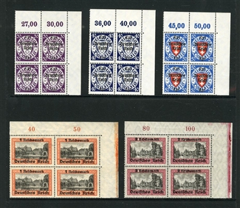 DANZIG (241-54) 1939 Deutsches Reich surcharges, sheet corner margin blocks of four, n.h., fine-v.f., cat. value. $760