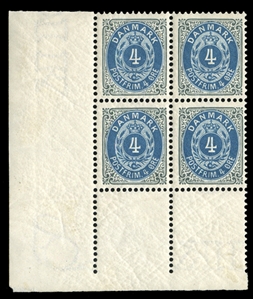 DENMARK (42c) 1902 4o slate & blue, inverted frame, lower left sheet corner margin block of four, n.h., fine-v.f., cat. value. $1,700