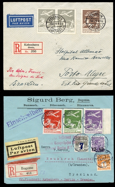 DENMARK Air Post (C1-5) 1925-29 Airplane and Plowman, 10o-25o and 50o (2) and 1kr, used on two registered covers from Bogense and Copenhagen to Germany and Brazil, fine-v.f., with appropriate..