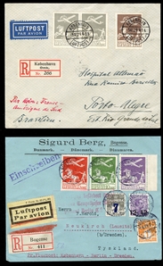 DENMARK Air Post (C1-5) 1925-29 Airplane and Plowman, 10o-25o and 50o (2) and 1kr, used on two registered covers from Bogense and Copenhagen to Germany and Brazil, fine-v.f., with appropriate..