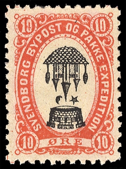 DENMARK  Local Issues 1877 Svendborg Bypost, 10o carmine & black, center inverted, l.h., v.f. and rare with original gum