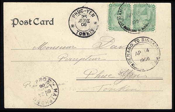 EGYPT 1906 (14 Apr) picture postcard originating from Suez, franked with pair of 2m green, cancelled "Penang to Singapore" and addressed to Phuc-Yen, with Haiphong transit and Tonkin arrival...