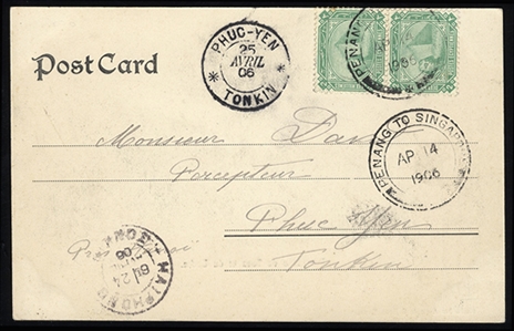 EGYPT 1906 (14 Apr) picture postcard originating from Suez, franked with pair of 2m green, cancelled "Penang to Singapore" and addressed to Phuc-Yen, with Haiphong transit and Tonkin arrival...