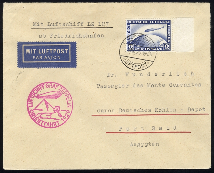 EGYPT  Zeppelin Flights 1929 Orient Flights, four identical covers from Berlin to Port Said, each franked with German 2M Zeppelin adhesive, tied by Friedrichshafen departure pmk, with "Port...