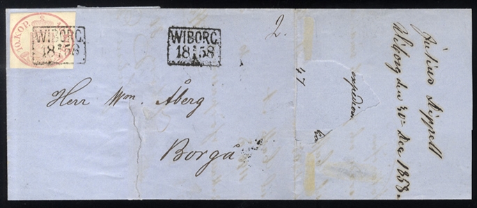 FINLAND (2) 1856 Small Pearls in Post Horns, 10k rose, ample margins all around, tied by boxed Viborg 2.1.1858 postmark on FL to Borga, large cover tear away from the stamp, otherwise fine...